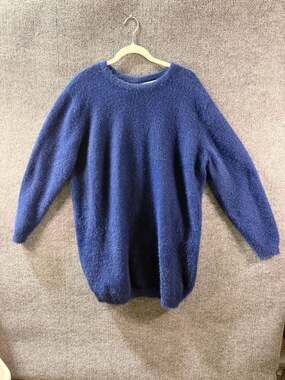Weisman Blue Fuzzy Knit Oversized Sweater with Open Back